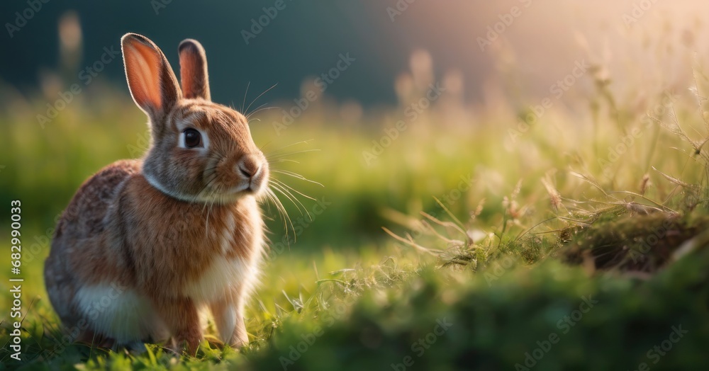 Poster a close up of a rabbit in a field of grass with the sun shining on it's back end.