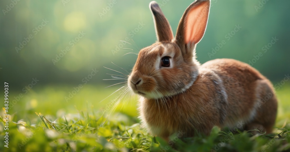 Poster a close up of a rabbit in a field of grass with sunlight shining on it's face and ears.