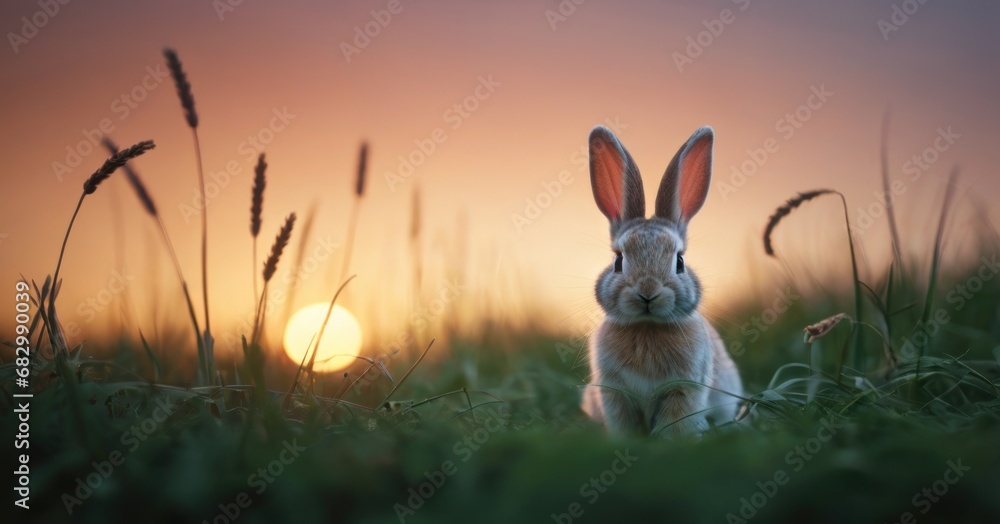 Poster a rabbit is sitting in the grass with the sun setting in the back ground behind it and it's ears up.