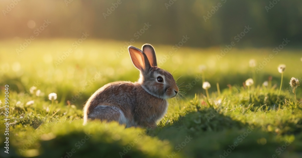 Poster a rabbit is sitting in the grass and looking at the camera with a blurry background of grass and dan