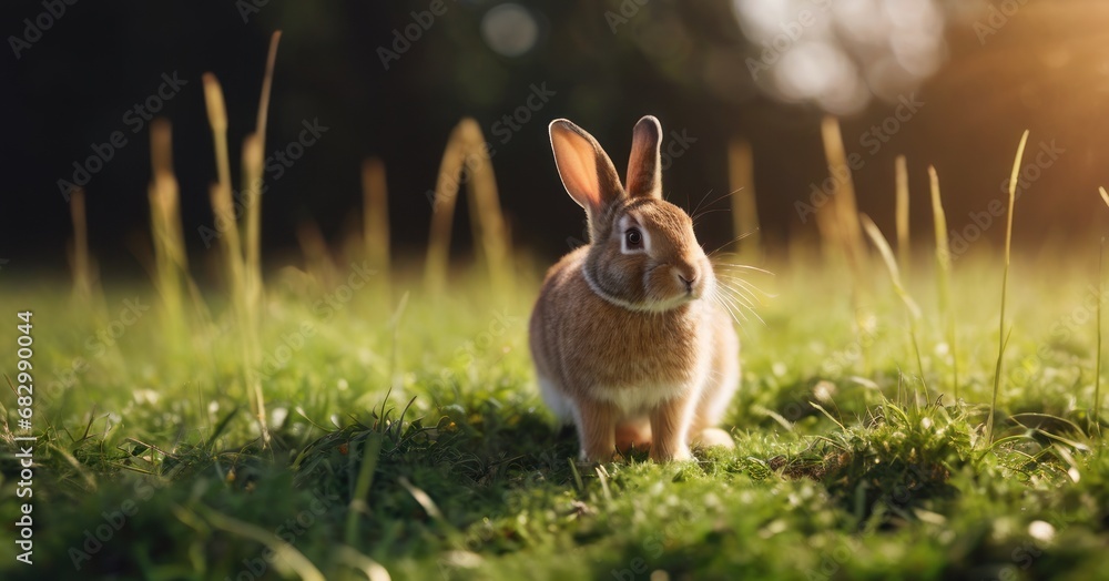 Poster a rabbit is sitting in the grass with the sun shining down on it's back and ears wide open.