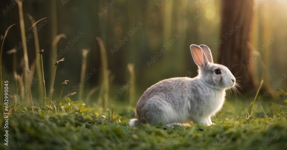 Poster a white rabbit sitting in the grass in front of a forest with tall grass in the foreground and trees