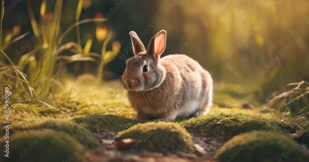 Poster a rabbit is sitting in the middle of a field of mossy grass and looking at the camera with a curious