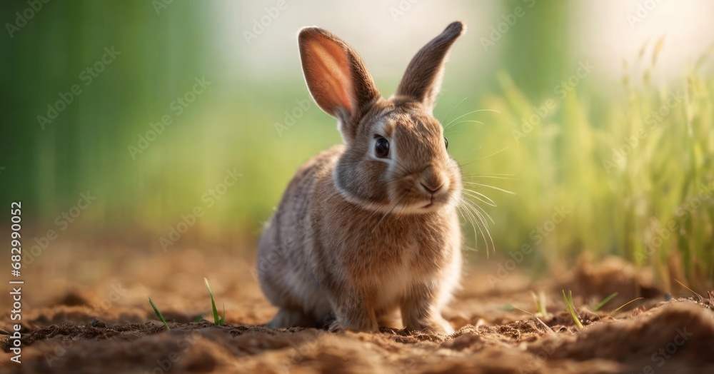 Poster a rabbit is sitting in the middle of a dirt field with grass in the background and a blurry image of