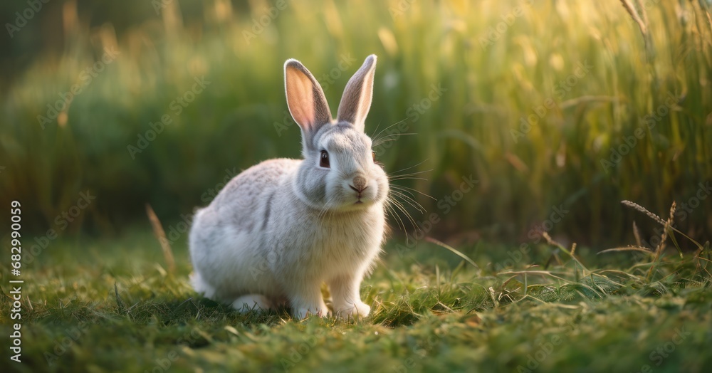 Poster a white rabbit sitting in the grass looking at the camera with a surprised look on its face and ears