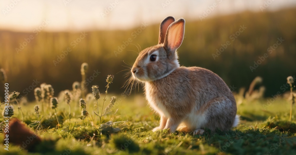 Aufkleber a rabbit is sitting in the grass and looking at the camera with a blurry background of trees in the 
