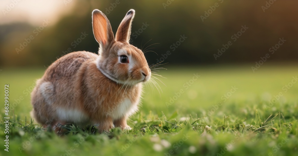Poster a close up of a rabbit in a field of grass with the sun shining on it's back side.