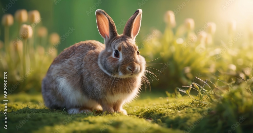 Poster a close up of a rabbit in a field of grass with a bright light shining on it's face.