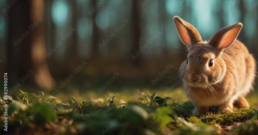 Poster  a close up of a rabbit in a field of grass with trees in the background and grass in the foreground.