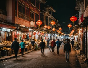 photo of background chinatown street at night, generative AI