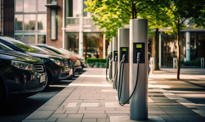 Outdoor parking place with charger for electric cars.  - obrazy, fototapety, plakaty