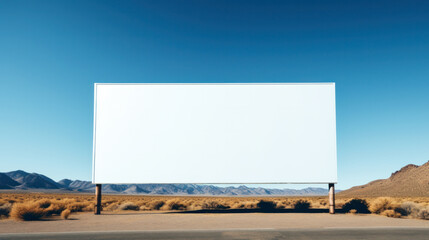 Obraz premium Blank wide advertising board or large billboard on a background of blue sky. Advertising concept, consumerism, white screen, template.
