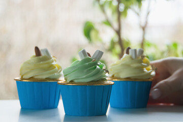 Chocolate cupcake with creamy pistachio and lemon glaze on a light background. Template for...