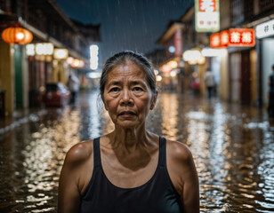 photo of senior asian woman during heavy rain and flood on road at chinatown street at night, generative AI