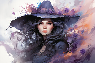 A beautiful witch girl in a hat with a large brim. A sorceress, a magical character. The night of the witches or the eve of All Saints' Day. Halloween.