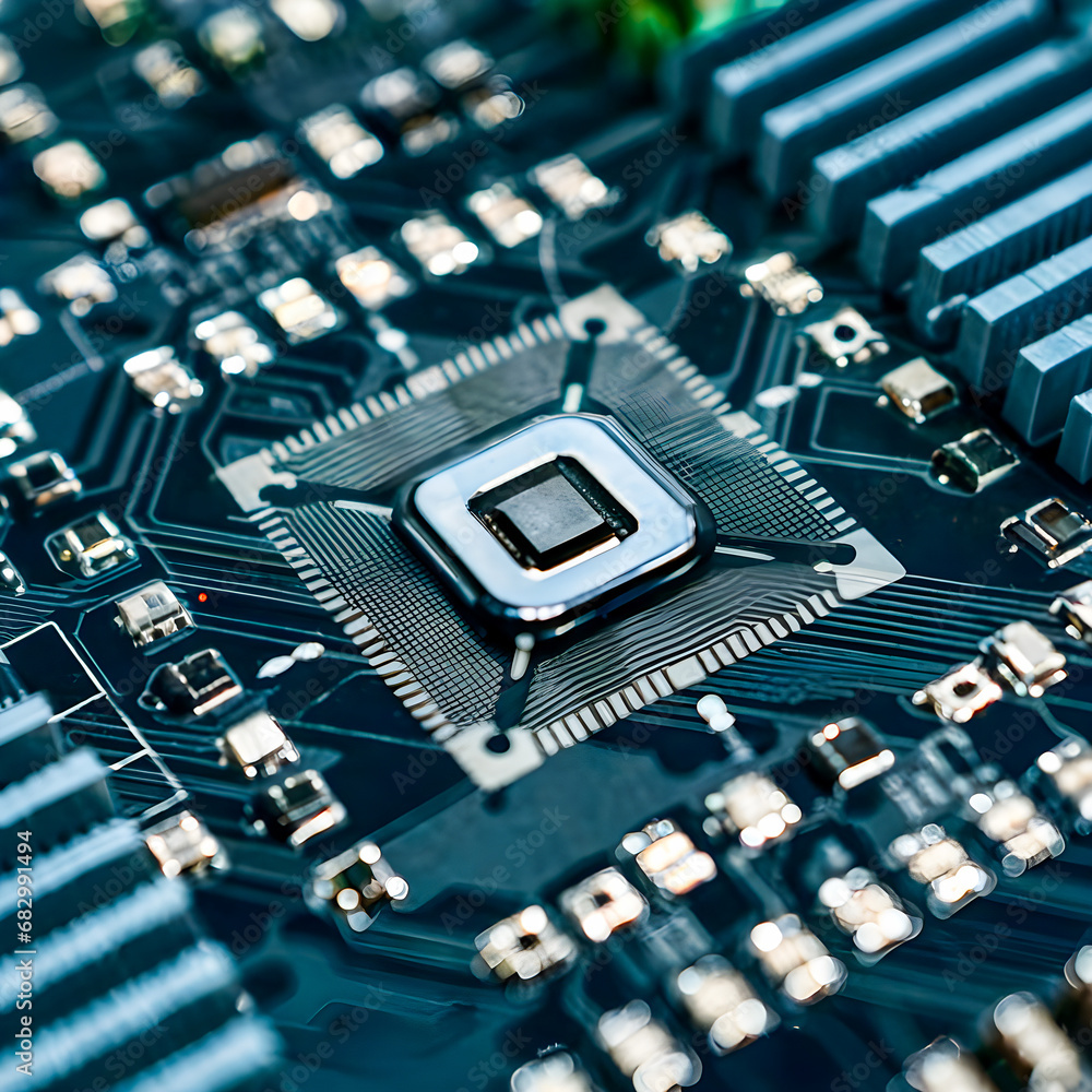 Poster close-up of electronic circuit board with processor. technology background.