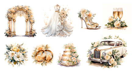 Watercolor illustration wedding elements in gold color