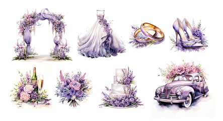 Watercolor illustration wedding elements lavander color