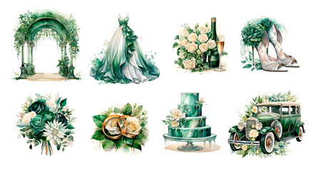 Watercolor illustration wedding elements emerald color