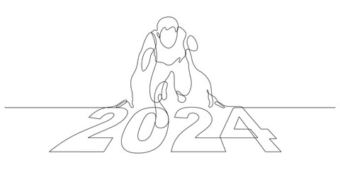 new year 2024 start up and begin, goals and plans for new year in continuous line drawing - obrazy, fototapety, plakaty