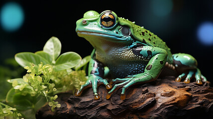 green frog on a green moss