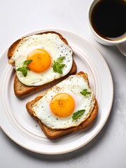 Top view of toasts with fried eggs and cup of americano.	