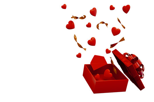 Valentine's Day. Envelope confetti hearts fly out of an open box. 3d rendering