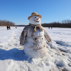 Obraz premium A snowman with a carrot nose and a big smile standing ,Winter Landscape,Panaromic Image
