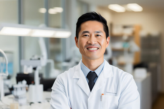 Senior male researcher (scientist) carrying out scientific research in a lab looking in the camera with happy cheerful smile on the face have machines in the background