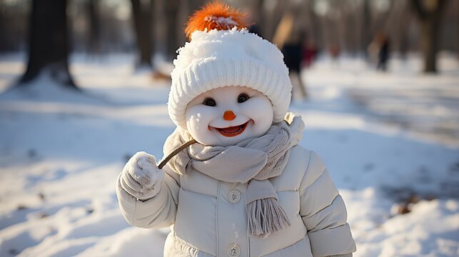A snowman with a carrot nose and a big smile standing ,Winter Landscape,Panaromic Image