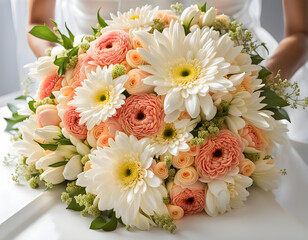 Bride holds bouquet of rose chrysanthemum daisy jasmine gerbera carnation poppy and lotus flowers