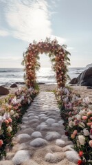 Scenic wedding arch of flowers on a sandy beach, framed against the backdrop of the sea. A romantic seaside ceremony, blending natural beauty with the elegance of floral decor.