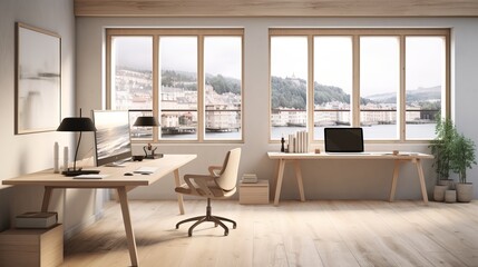 Fototapeta premium Spacious Modern Office Interior with Wooden Desk and Computer Overlooking City View