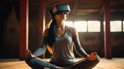 Young woman sits on the floor in the room and uses a virtual reality headset during yoga, catches zen, enjoys the moment. Technology concept.