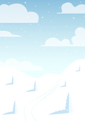 Winter holiday landscape with snowy fir trees. Vector Happy New Year illustration.