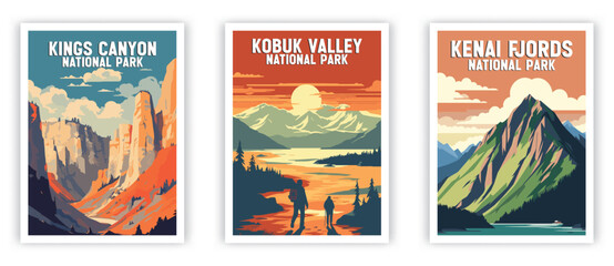 Kenai Fjords, Kings Canyon, Kobuk Valley, Illustration Art. Travel Poster Wall Art. Minimalist Vector art.