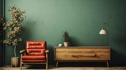Interior of modern living room with brown leather armchair and wooden commode.   - obrazy, fototapety, plakaty