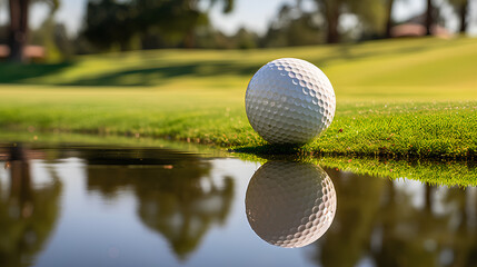 Golf ball on a green manicure course, closeup view with concept of reflection photography by the...