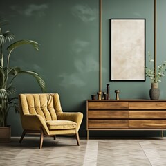 Interior of modern living room with green walls, wooden floor, yellow armchair and mock up poster frame.  