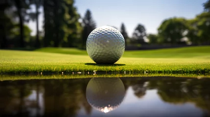 Wanddecoratie Nagelstudio Golf ball on a green manicure course, closeup view with concept of reflection photography by the pond  © Shafay