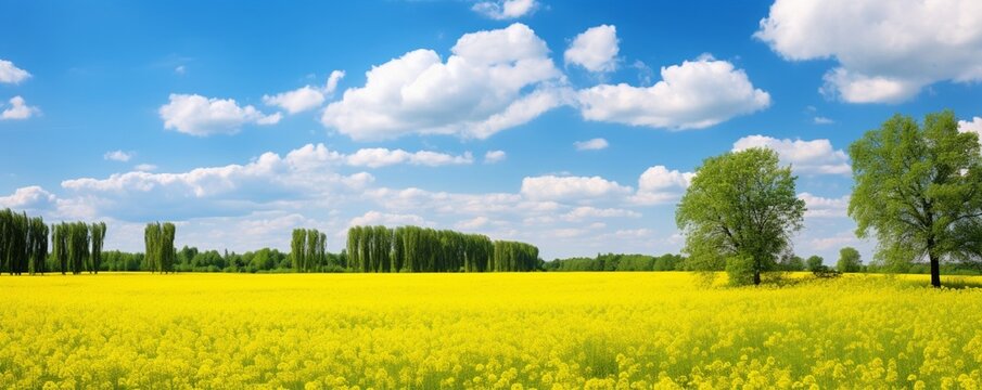 Summer field with yellow little flowers framed bij big imposant trees and a diep blue sky with fluffy clouds