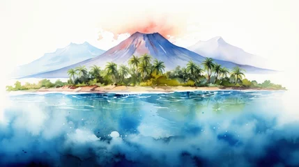 Papier Peint Lavable Bleu A fantastical uninhabited tropical island with a volcano, in the middle of the azure ocean