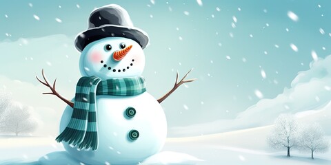 Happy, smiling snowman during winter time, copy space