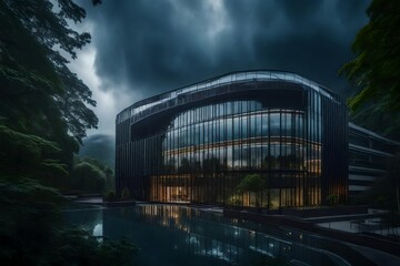 An office enclave under a canopy of clouds, the architectural symphony reaching new heights in the ambiance of a stormy day - obrazy, fototapety, plakaty