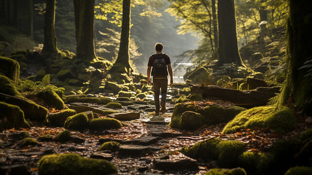A man walks through a beautiful forest