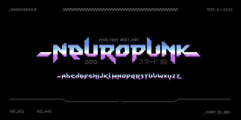 Neuropunk - retro pixel font in 80s 90s style. Cyberpunk font type. Vector futuristic digital typography and  in 8-Bit. Iron effect chrome letters. Sci-Fi Font Alphabet in retro video game style