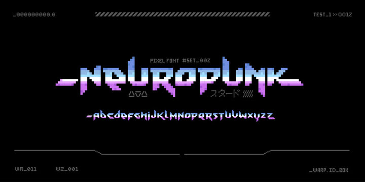 Neuropunk - retro pixel font in 80s 90s style. Cyberpunk font type. Vector futuristic digital typography and  in 8-Bit. Iron effect chrome letters. Sci-Fi Font Alphabet in retro video game style