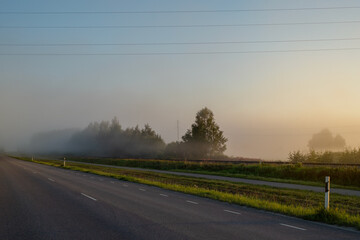 Empty asphalt road on a sunny foggy autumn morning. Estonian countryside. Metsanurme, Estonia.