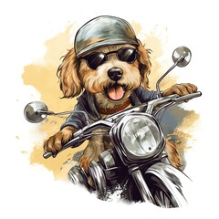 Dog driving a motorcycle in the summer