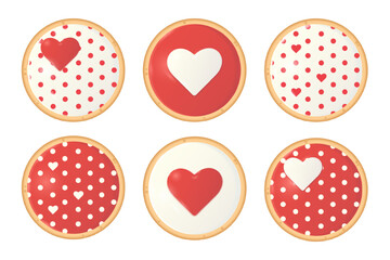 Set of round cookies decorated with red and white confectionery icing, hearts and polka dots. Cake for party, event, Valentine's day, birthday, wedding, anniversary, baby shower, date